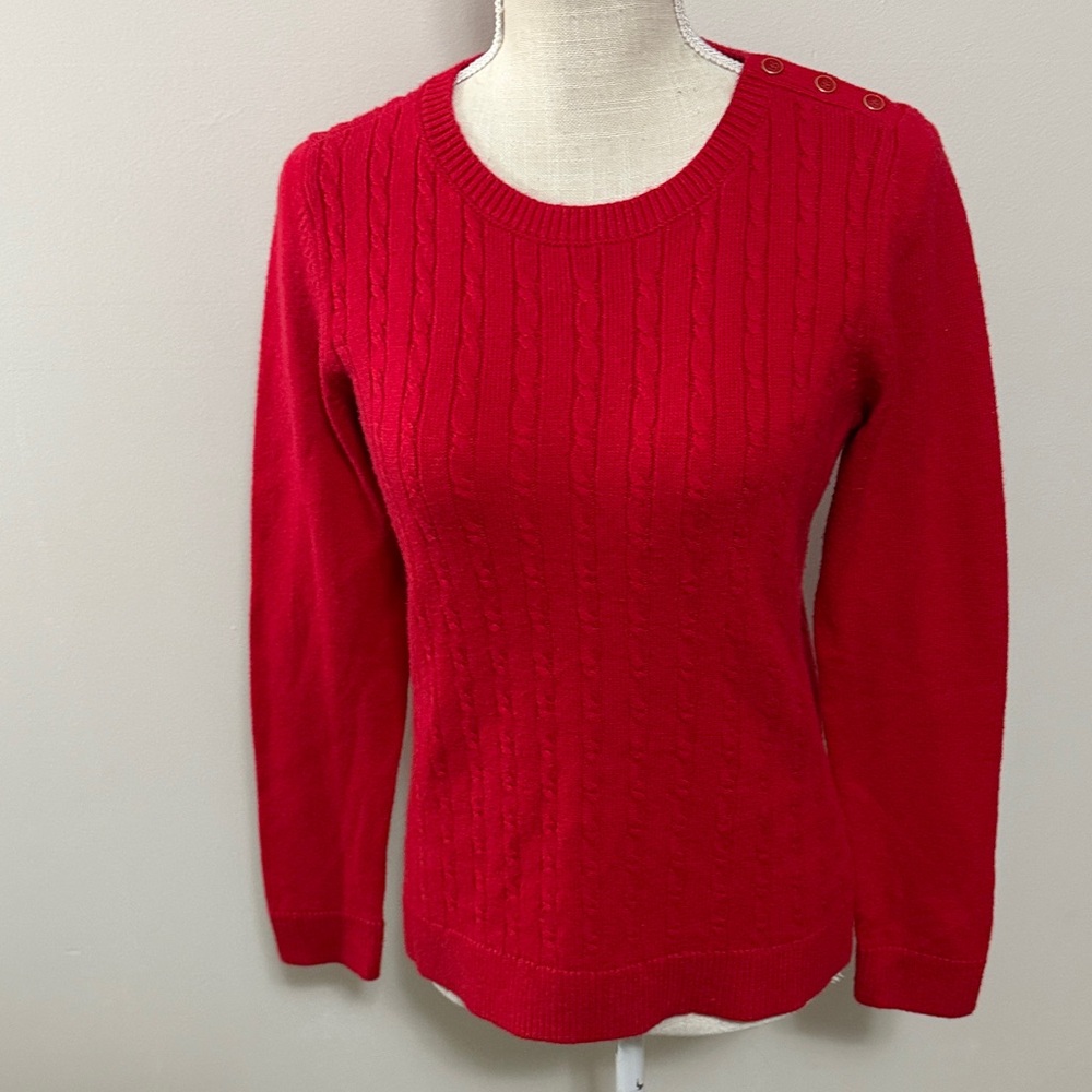 Talbots Cherry Red Cable-Knit Crewneck Sweater with Shoulder Buttons‎